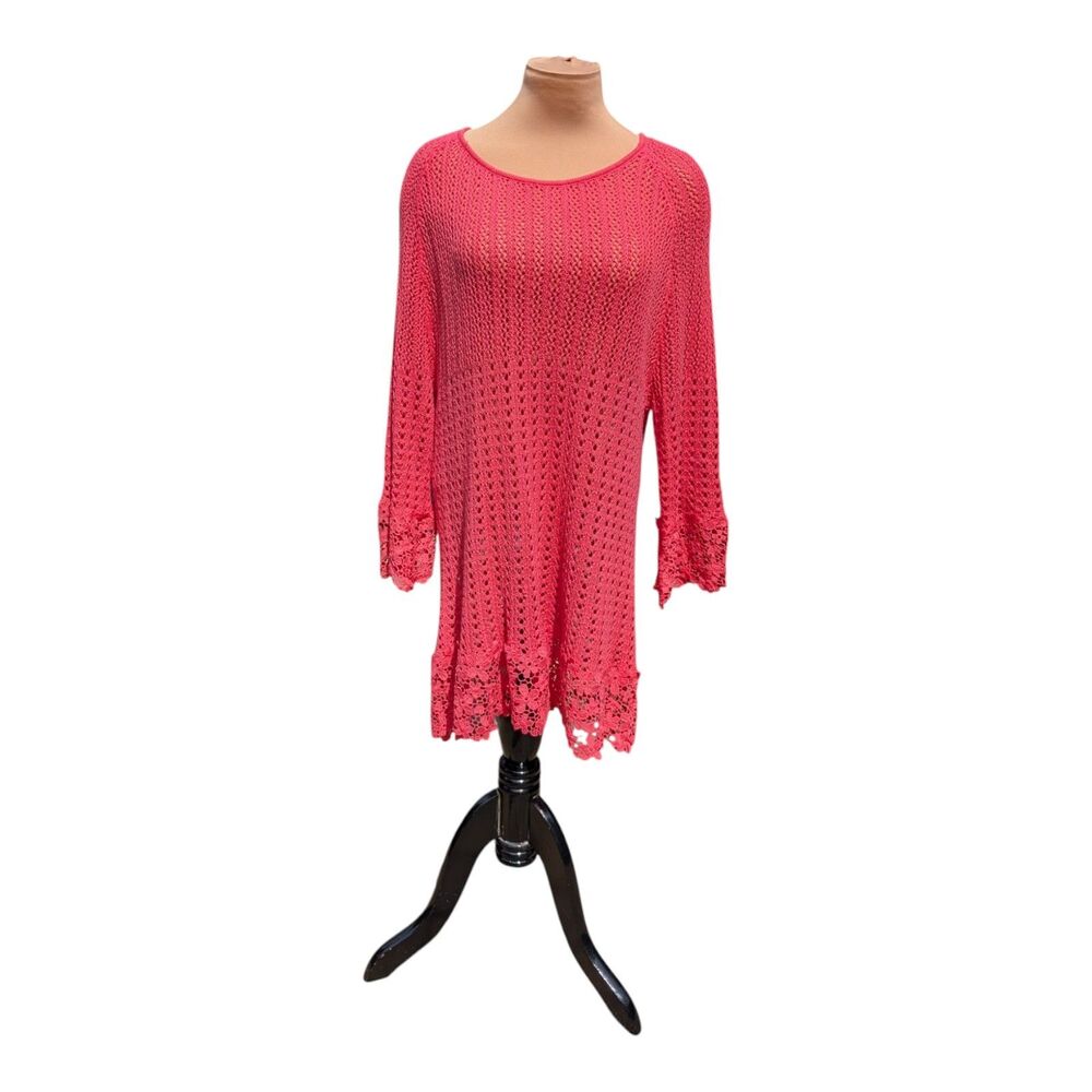 Kim Rodgers Crochet Dress Women's Size Large Coral Cottagecore Hippie Boho Sheer